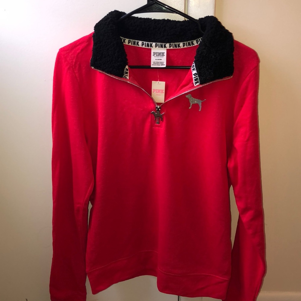 VS Pink Fleece Half Zip Pullover- Red